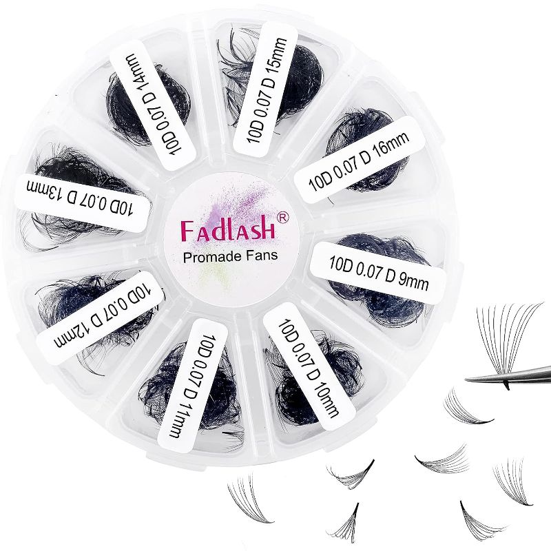 Photo 1 of 1000 Fans 10D Premade Volume Eyelash Extensions Mixed Tray Premade Fans Eyelash Extensions D Curl Premade Lash Fans Pointed Handmade Promade Loose Fans Thin Base (10D-0.07D,9-16mm)