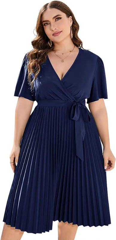 Photo 1 of 4XL KOJOOIN Women Plus Size Wrap V Neck Pleated Hem Dress Elegant A Line Midi Dress with Belt
