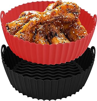 Photo 1 of 8.5Inch Air Fryer Silicone Liners,HUAPX 2Pack Reusable Air Fryer Basket Round Replacement of Parchment Paper Liners & Air Fryer Pot,Food Safe Non Stick Oven Accessories Fits 5QT or Bigger (Black+Red)
