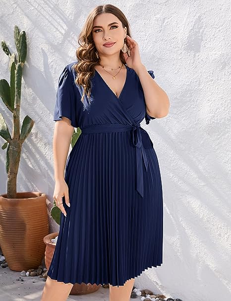 Photo 1 of 4XL KOJOOIN Women Plus Size Wrap V Neck Pleated Hem Dress Elegant A Line Midi Dress with Belt
