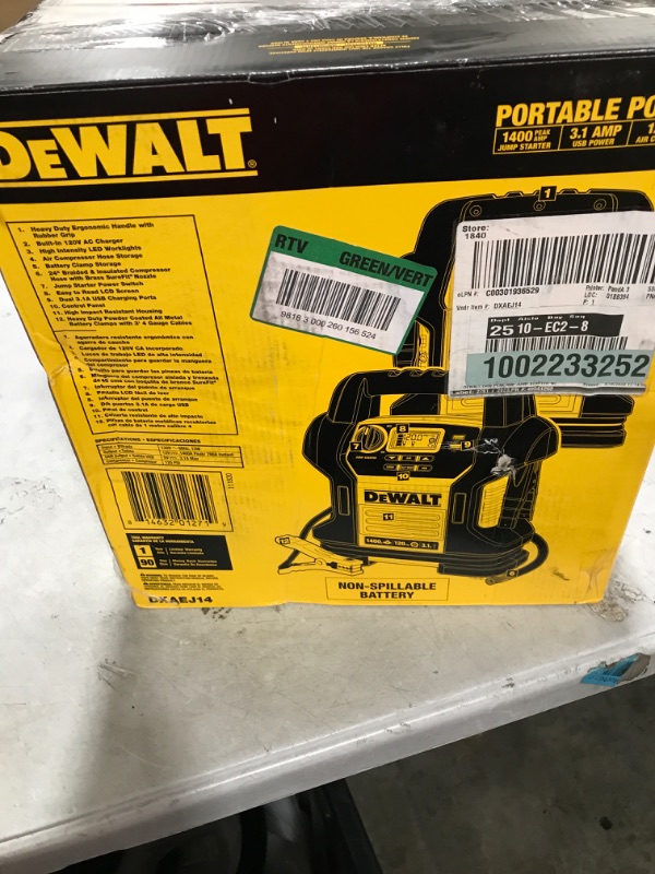 Photo 3 of DEWALT DXAEJ14 Digital Portable Power Station Jump Starter: 1400 Peak/700 Instant Amps, 120 PSI Digital Air Compressor, 3.1A USB Ports, Battery Clamps , Yellow