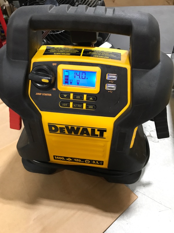 Photo 2 of DEWALT DXAEJ14 Digital Portable Power Station Jump Starter: 1400 Peak/700 Instant Amps, 120 PSI Digital Air Compressor, 3.1A USB Ports, Battery Clamps , Yellow