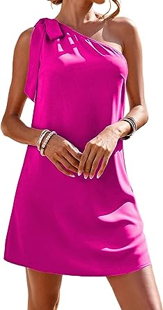Photo 1 of Guteidee Women's One Shoulder Dress Casual Tie Bow Knot Sleeveless Mini Dress Wedding Guest Dress Cocktail Party Dresses Size S