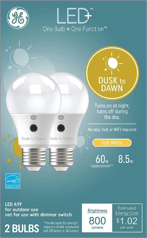 Photo 1 of GE Lighting LED+ Dusk to Dawn LED Light Bulbs with Sunlight Sensors, Automatic On/Off Light Sensing Bulb, Soft White, A19 Bulbs (2 Pack)
