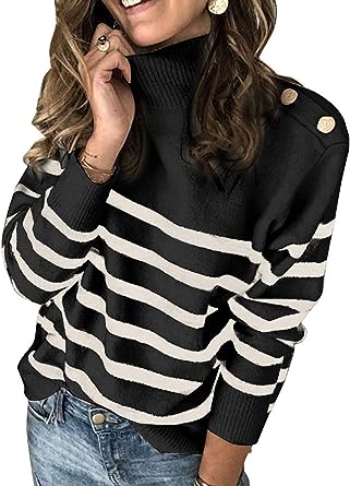 Photo 1 of Asvivid Striped Turtleneck Button Knit Sweaters for Women Lightweight Long Sleeve Knit Pullover Jumper Tops XL
