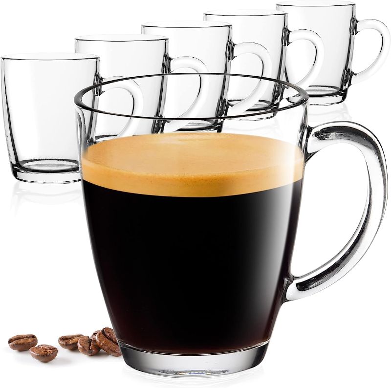 Photo 1 of 12 oz Clear Glass Coffee Mugs Set of 6 - Glass Mugs for Hot Beverages - Durable Clear Coffee Cups - Tempered Glass Coffee Cup - Tea & Coffee Glass Cup - Giftable Clear Coffee Mug with Handle
