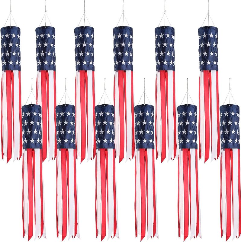 Photo 1 of 40 Inch American US Flag Windsock Outdoor USA Patriotic Decorations Embroidered Wind Socks Outdoor Hanging Fade Resistant 4th of July Windsock Independence Day for Garden Yard (12 Pcs) 