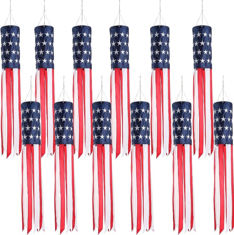 Photo 1 of 40 Inch American US Flag Windsock Outdoor USA Patriotic Decorations Embroidered Wind Socks Outdoor Hanging Fade Resistant 4th of July Windsock Independence Day for Garden Yard (12 Pcs)