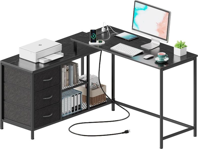 Photo 1 of SUPERJARE L Shaped Desk with Power Outlets, Computer Desk with Drawers & Shelves, Corner Desk Gaming Desk Home Office Desk, Black