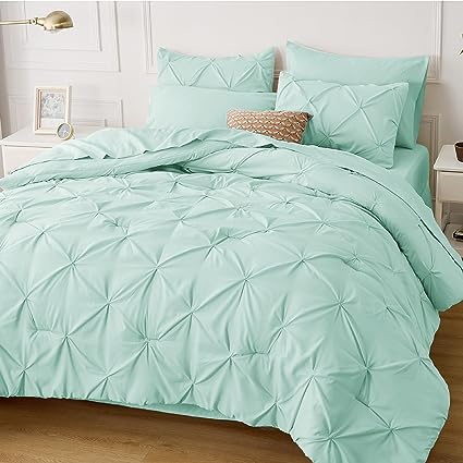 Photo 1 of Amazon Basics Lightweight Microfiber 5 Piece Bed-in-a-Bag Comforter Bedding Set, Twin/Twin XL Jade Pinch Pleat 