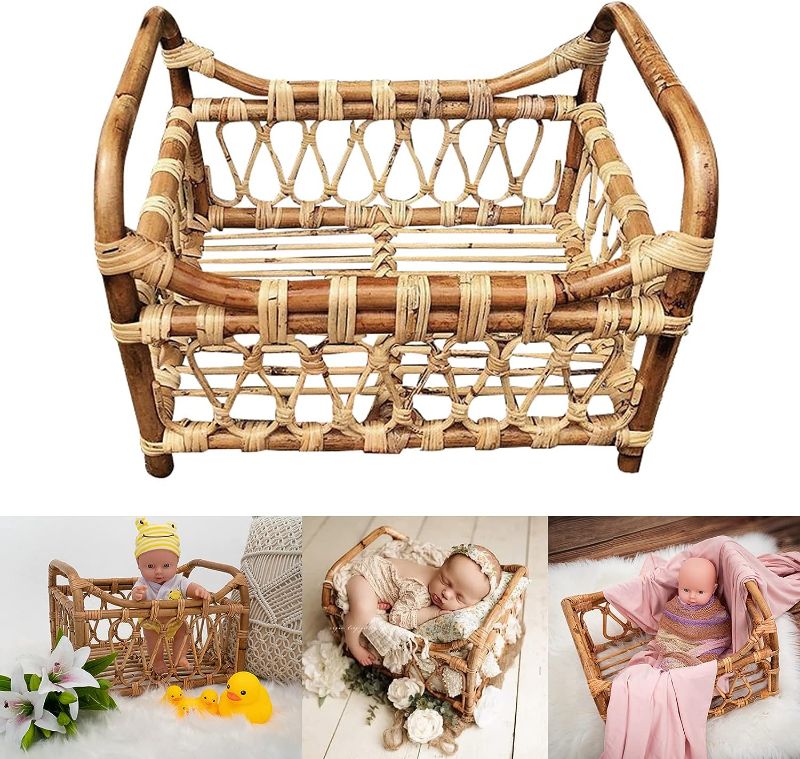 Photo 1 of K Kackool Mini Woven Bamboo Rattan Basket for Newborn Baby Photography Posing Props Vintage Infants Photoshoot Prop for Photographers