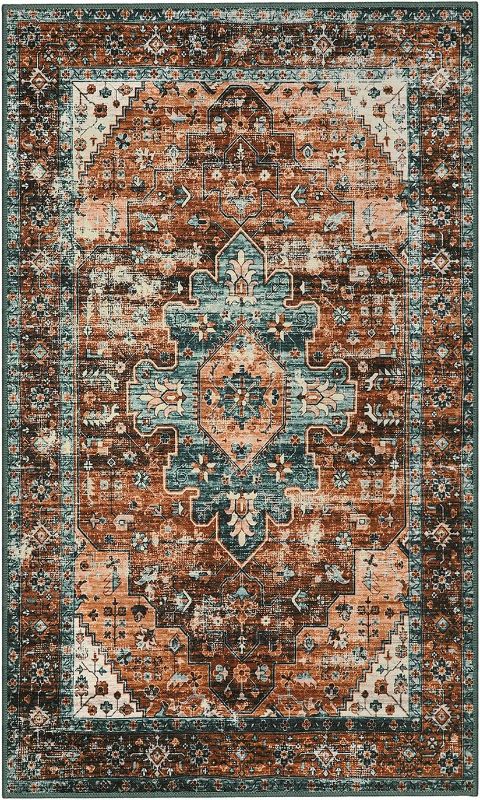 Photo 1 of -Thin Washable Vintage Area Rug - Living Room Rug for Bedroom Office, Non-Shed Non Slip Oriental Laundry Bathroom Mat Indoor Accent Floor Carpet for Entrance Kitchen Mudroom