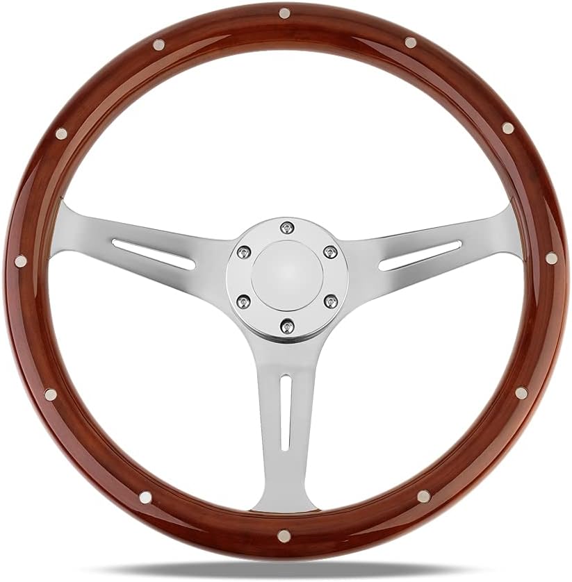 Photo 1 of  15" Classic Wood Grain Steering Wheel Riveted Light Wood Grip Universal Car Racing Wood Steering Wheels Slotted 3 Spoke with Horn button