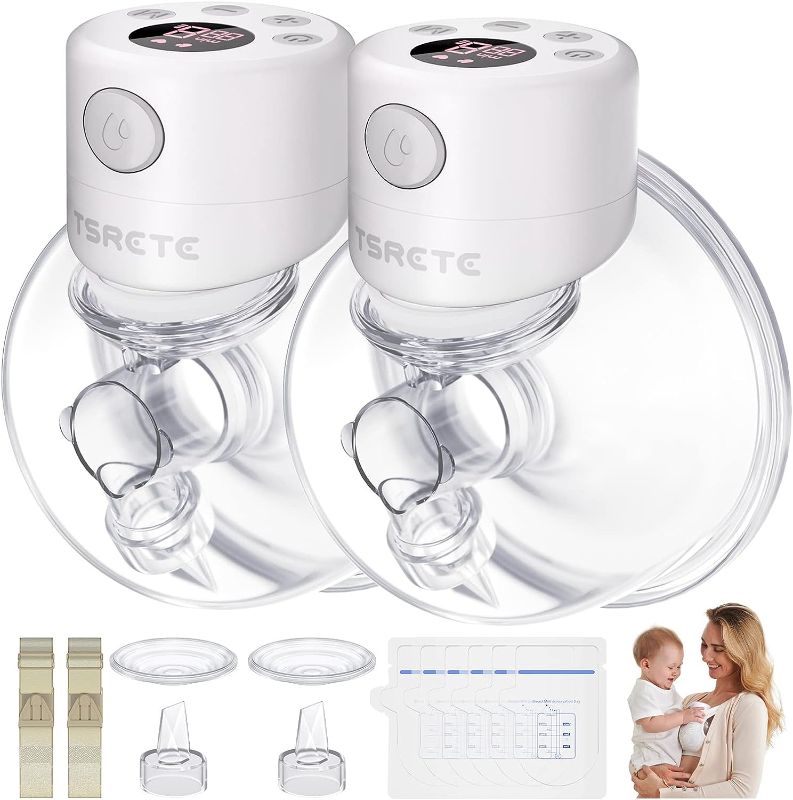 Photo 1 of Breast Pump, TSRETE Double Wearable Breast Pump, Electric Hands Free Breast Pumps with 2 Modes, 9 Levels, LCD Display, Memory Function Rechargeable Double Milk Extractor-24mm Flange(White) 24MM White