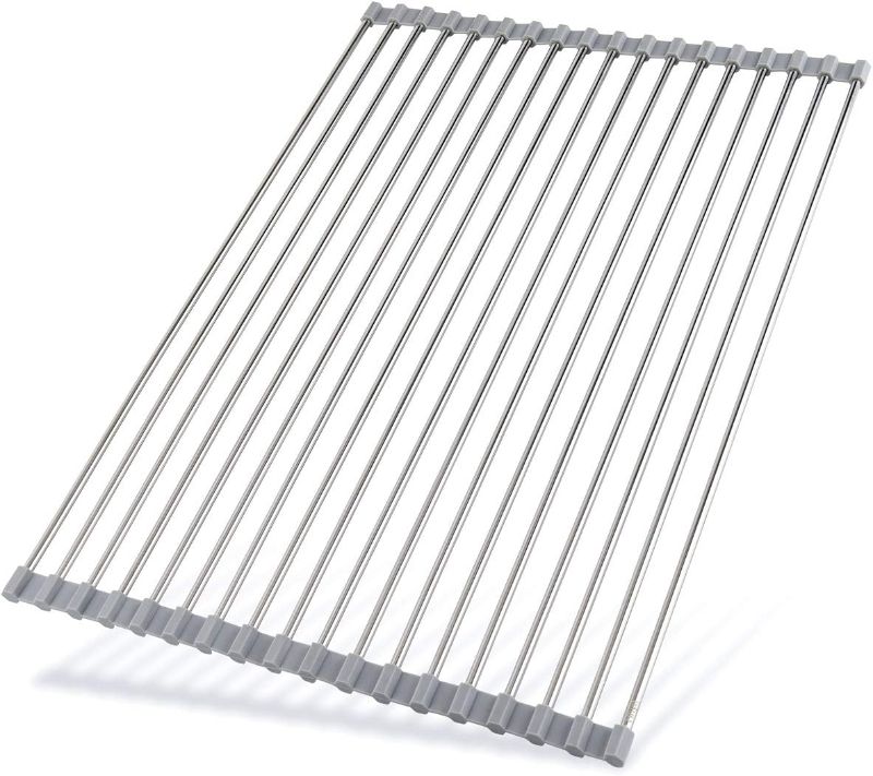 Photo 1 of  Roll-Up Dish Drying Rack, Stainless Steel with Silicone Wrapped Drainer Rack, Foldable Sink Rack Mat for Kitchen Dishes, Cups,