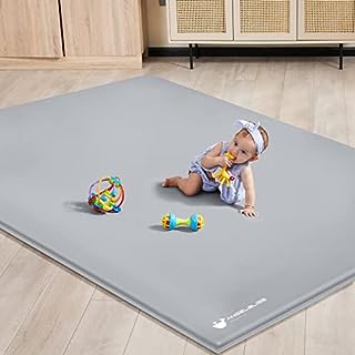 Photo 1 of ANGELBLISS Baby Playpen Mat, 79"x 63"x 1.18" Self-Inflating Play Mat for Babies and Toddlers, Roll Up & Waterproof Foam Crawling Mat for Floor, Portable Playmat for Babies with Travel Bag Grey 