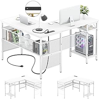 Photo 1 of Unikito Magic Portable 4 Outlets L Shaped Desk, Reversible 55 Inch L-Shaped Computer Desk with Storage Shelf and USB Charging Port, Unique Grid Design, Large Gaming Corner Table for Home Office, White