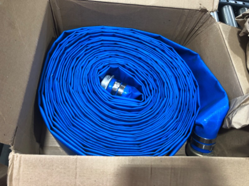 Photo 1 of 2" ID × 100 ft Pool Backwash Hose, Heavy Duty Reinforced Blue PVC Lay Flat Water Discharge Pump Hoses For Swimming Drain Pools and Clean Filters, With Aluminum Pin Lug Fittings 