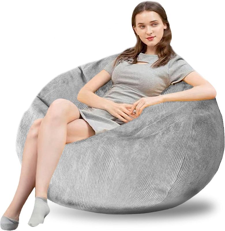 Photo 1 of 3 Ft Bean Bag Chair: Memory Foam Filled Bean Bag Chairs, Ultra Supportive Stuffed Bean Bag with Ultra Soft Corduroy Cover, Grey for Kids, Adults 