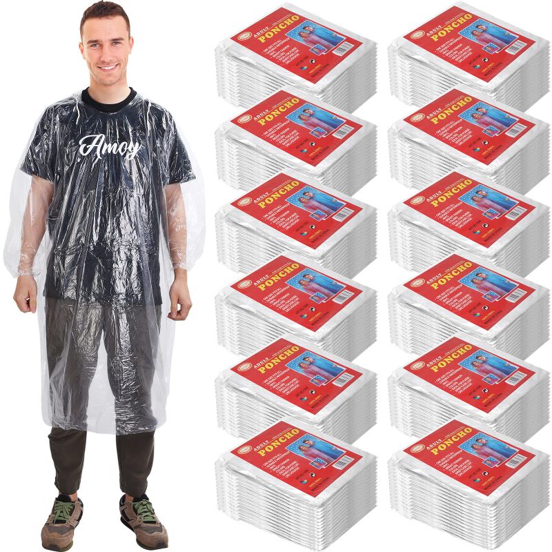 Photo 1 of 140 Pcs Disposable Adults Rain Ponchos Bulk Emergency Family Poncho Pack Drawstring Hood Elastic Sleeves Poncho Raincoat for Camping