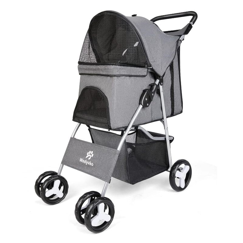 Photo 1 of  Wedyvko Upgrade Pet Dog Stroller, Handle 360° Wheel Foldable Dogs Stroller with Storage Basket and Cup Holder for Small Medium Dogs & Cats (Darkgrey) 