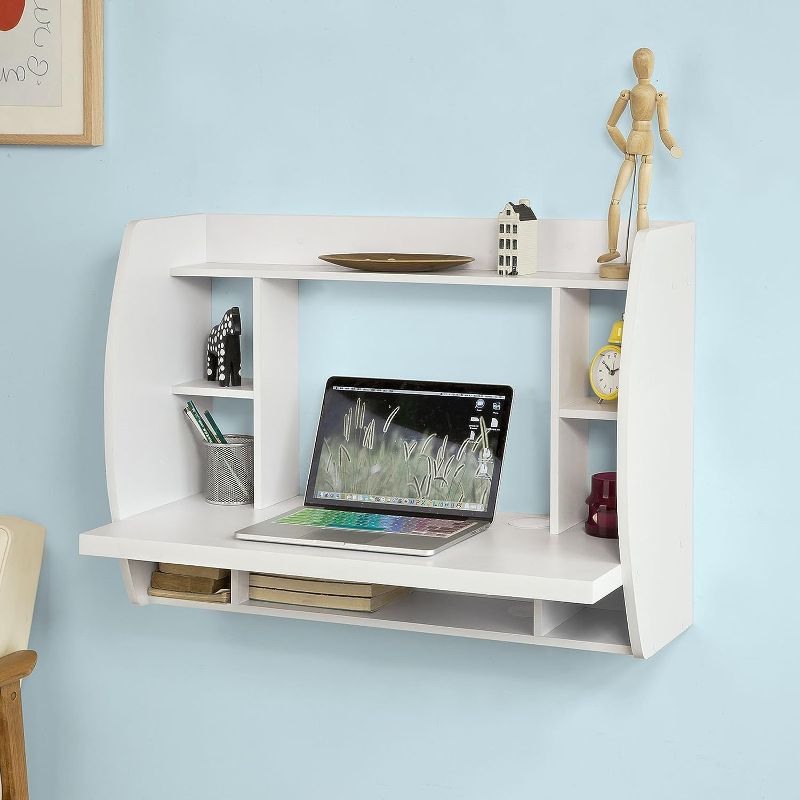 Photo 1 of  Haotian FWT18-W, White Home Office Table Desk Workstation Computer Desk with Storage Shelves, Trestle Desk 