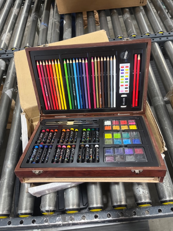 Photo 2 of Art 101 Doodle and Color 142 Pc Art Set in a Wood Carrying Case, Includes 24 Premium Colored Pencils, A variety of coloring and painting mediums: crayons, oil pastels, watercolors; Portable Art Studio Multicolor