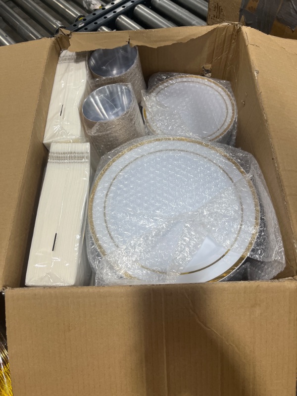 Photo 2 of 700 Piece Gold Dinnerware Set for 100 Guests, Plastic Plates Disposable for Party, Include: 100 Gold Rim Dinner Plates, 100 Dessert Plates, 100 Paper Napkins, 100 Cups, 100 Gold Plastic Silverware Set