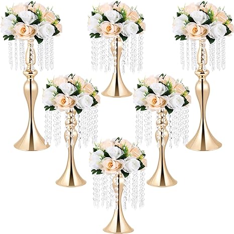 Photo 1 of Bokon 6 Pcs Wedding Crystal Flower Stand Metal Flower Centerpieces Stand for Table Elegant Gold Flower Vase Arrangement Rack Candle Holder Stand for Wedding Reception Dinner Table Party Decor 3 Size 