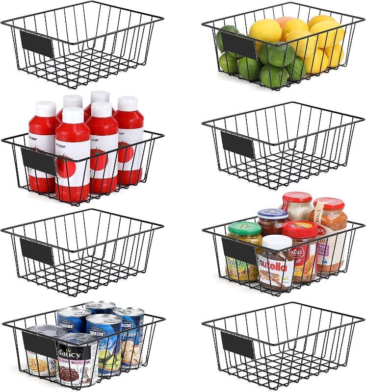Photo 1 of 8 Pack Wire Storage Baskets for Organizing with Removable Tags, Pantry Organization Bins for Kitchen Cabinets, Closet - Metal Basket for Laundry, Garage, Refridge, Bathroom Countertop Organizer, Black
