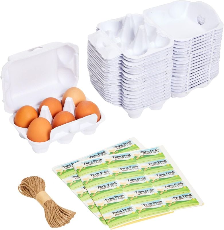 Photo 1 of 20-Pack Reusable Paper Egg Cartons for 6 Chicken Eggs with 50 Self-Adhesive Labels and 49-Feet Jute String, Retail Cartons for Half-Dozen Eggs (White)
