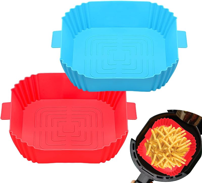 Photo 1 of 2Pcs Reusable Air Fryer Square Liner/ Accessories, Heat Resistant Easy Cleaning Air Fryer Silicone Pot for 3 to 6 Qt (Red+Bule)