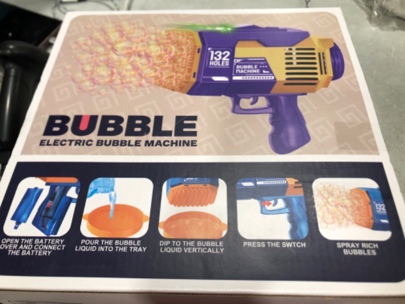 Photo 2 of 132 Holes Bubble Machine Gun-Big Rocket Boom Bubble Blower/Bubble Gun Blaster with Colored Lights, Giant Foam Maker Guns Toys Wedding Outdoor Party Gift for Kids Adults (Purple) 132 Purple Gold