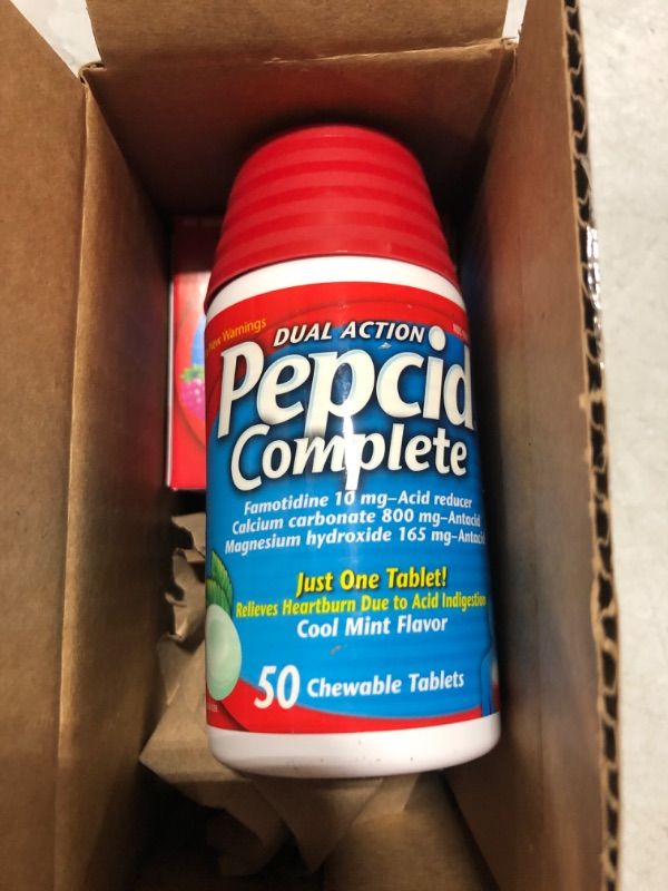 Photo 2 of Pepcid Complete Acid Reducer + Antacid Chewables, 10 mg Famotidine, 800 mg Calcium Carbonate & 165 mg Magnesium Hydroxide per Tablet, Fast Heartburn Relief, 50 ct Mint & 8 ct Berry Berry + Mint 8 Count + 50 Count