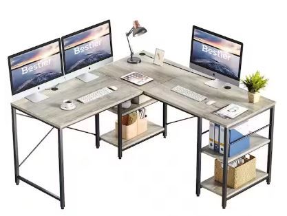 Photo 1 of 95 in. Retro Grey Oak-Light L-Shaped Computer Desk with Storage Shelves
