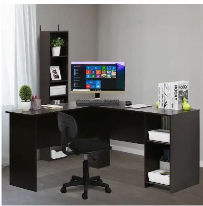 Photo 1 of 54 in. L-Shaped Espresso Computer Desk with Shelves
