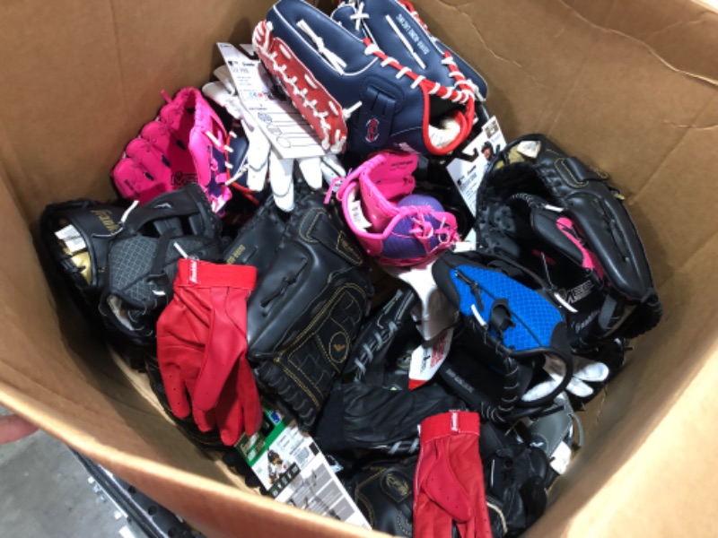 Photo 1 of BOX LOT OF ASSORTED BASEBALL GLOVES/CATCHING GLOVES, ASSORTED SIZES AND STYLES