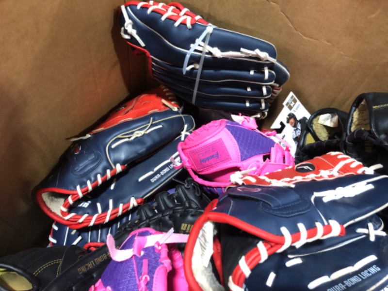 Photo 2 of BOX LOT OF ASSORTED BASEBALL GLOVES/CATCHING GLOVES, ASSORTED SIZES AND STYLES