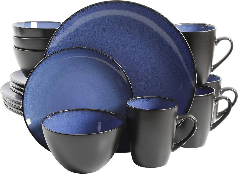 Photo 1 of  Gibson Soho Lounge Round Reactive Glaze Stoneware Dinnerware Set, Service for 4 (16pc), Blue, Soho Round. 