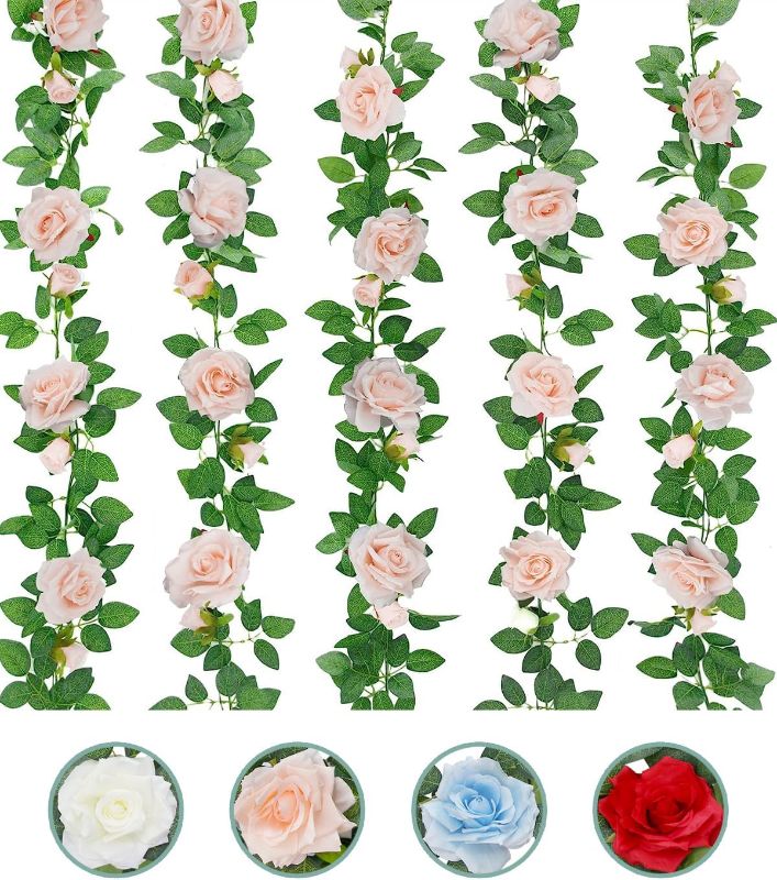 Photo 1 of  Pink Flower Garland Fake Rose Vines Faux Artificial Floral Garland Hanging Rose Ivy for Wedding Arch Garden Ceremony Background Valentine's Day Outdoor Wall Decor