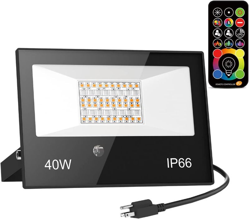 Photo 1 of LED Flood Light Outdoor 400W Equivalent, RGB & 5700K Daylight White Security Lights with Remote, Timing, Color Changing Landscape Lighting, 4000LM, Waterproof IP66 Wall Sconce for Yard, Patio, Garage
