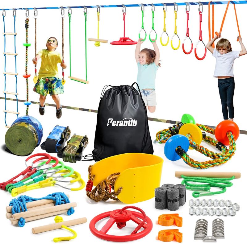 Photo 1 of  Ninja Warrior Obstacle Course for Kids - 2 x Ninja Slackline 50 'with 12 Accessories for Kids, Including Swings, Rope ladders, Rings, Ninja Rings, etc