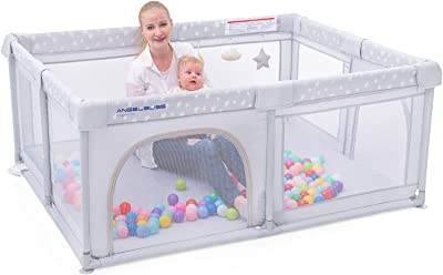 Photo 1 of ANGELBLISS Baby Playpen, Large Baby Playard, Play Pens for Babies and Toddlers with Gate, Indoor & Outdoor Play Area for Infants, Kids Safety Play Yard with Star Print (Grey, 63"×47")
