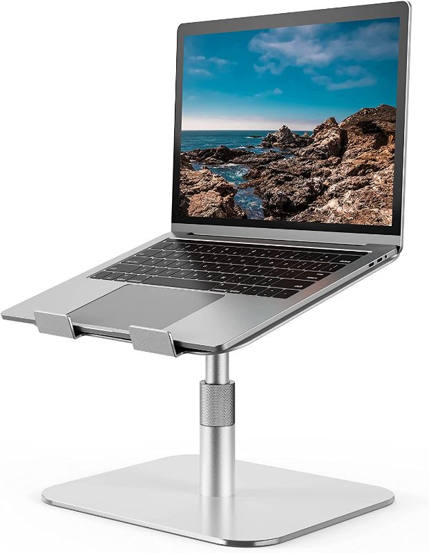 Photo 1 of HUANUO Adjustable Laptop Stand with 360° Rotation, Aluminum Laptop Riser, Ergonomic Laptop Stand for Desk, Notebook Computer Stand Holder Compatible with 10-17 Inch Laptops, Silver, HNLS05S