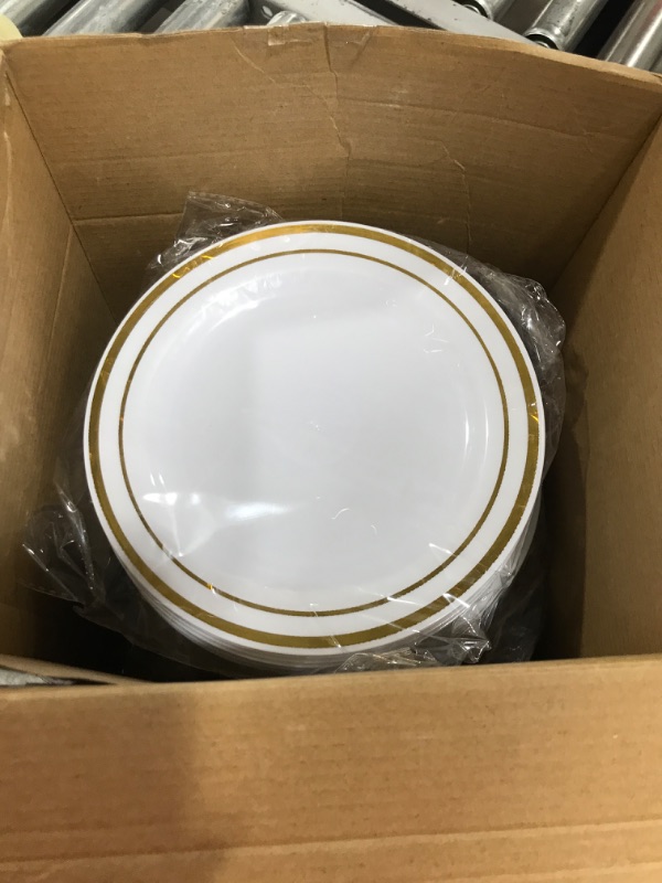 Photo 1 of Gandeer 150 Pieces Plastic White Plates Set Disposable Salad Dessert Cake Plates with Decorative Rim Plastic Plates Bulk for 150 Guests Dinner Wedding Party Picnic BBQ Plates, 7.5 Inch (Gold) White Gold