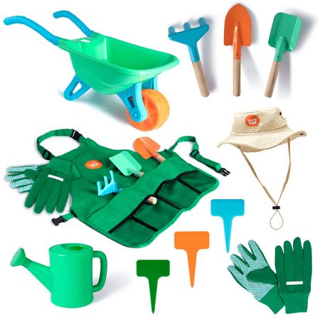 Photo 1 of Born Toys Premium Kids Gardening Tool Set Includes Kids Wheelbarrow Apron Hat Kids Gardening Gloves & Kids Watering Can 