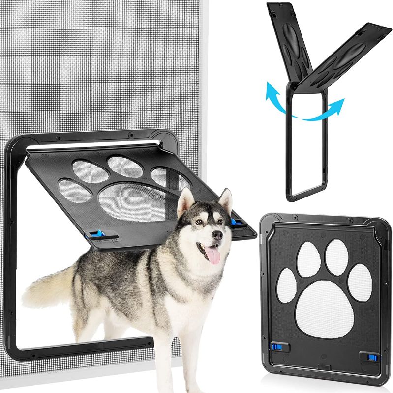 Photo 1 of 2 Pcs Dog Screen Door Lockable Dog Door for Screen Door Cat Door Magnetic Self Closing Sliding Door Doggie Door Insert with Locking Function Protector (14 x 12 x 0.5 inch