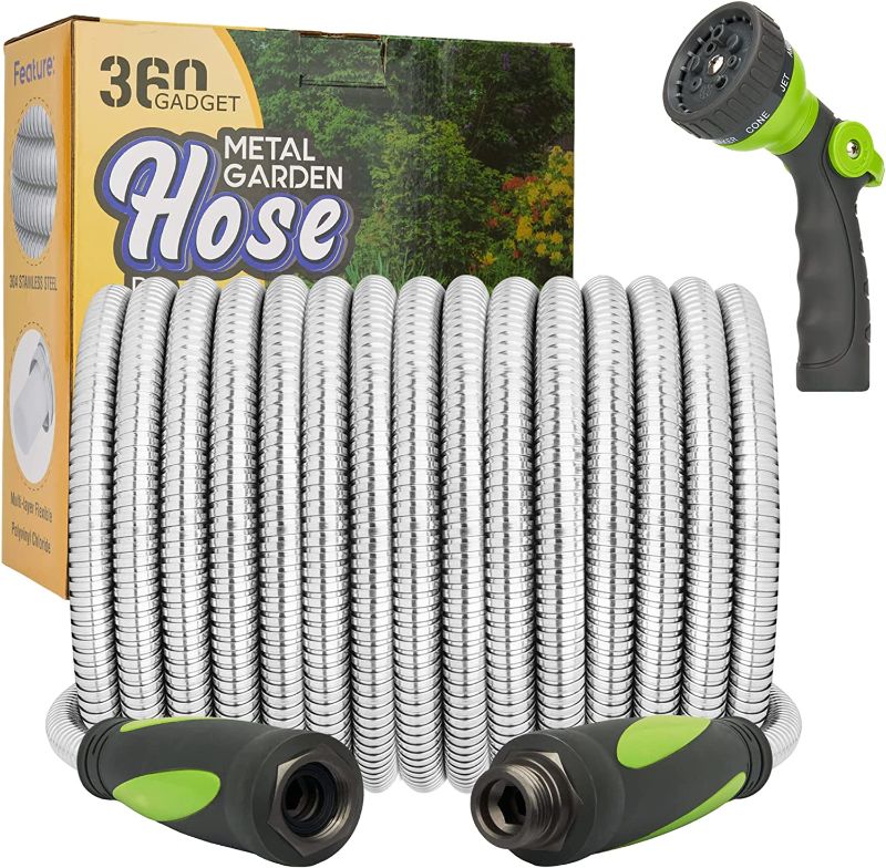 Photo 1 of 360Gadget Garden Hose - Water Hose 50 FT with Swivel Handle & 8 Function Nozzle, Flexible, Heavy Duty, No Kink, Lightweight Metal Hose for Outdoor, Yard, 304 Stainless Steel
