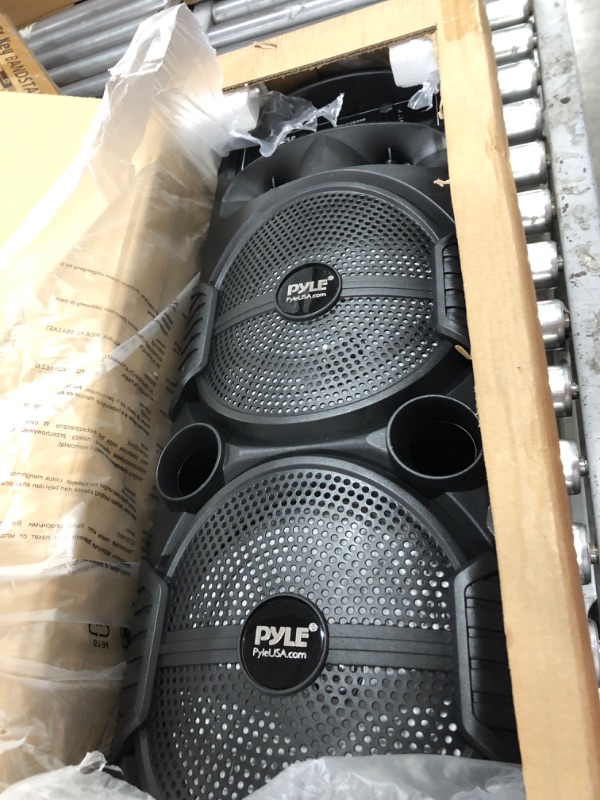 Photo 2 of Pyle Portable Bluetooth PA Speaker System - 600W Rechargeable Outdoor Bluetooth Speaker Portable PA System w/ Dual 8” Subwoofer 1” Tweeter, Microphone In, Party Lights, USB, Radio, Remote - PPHP2835B