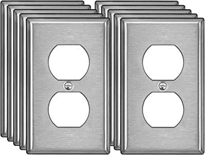 Photo 1 of [10 Pack] BESTTEN Duplex Receptacle Metal Wall Plate with ?hite or Clear Plastic Film, 1 Gang Standard Industrial Stainless Steel Outlet Cover, Durable Corrosion Resistant, Brushed Finish, Silver
